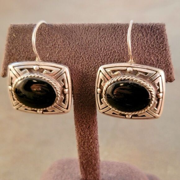Vintage Sterling Southwestern Design Onyx Dangle Drop Earrings - Picture 2 of 9